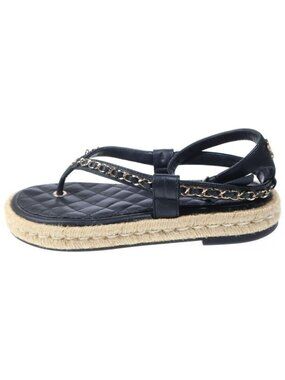 Chanel CC Logo Quilted Lambskin Leather Strap Flat Sandals Black